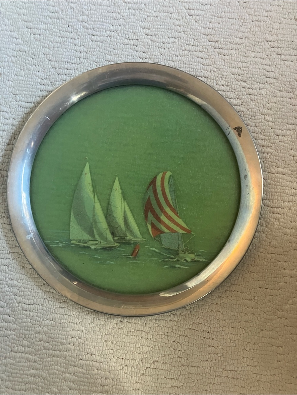 Vintage Nautical Sailboat 14” round tray translucent green acrylic w silver rim